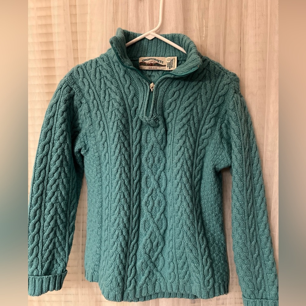 Aran Crafts Women  S 1/2 Zip Turquoise Green Cable Fisherman Wool Sweater M2